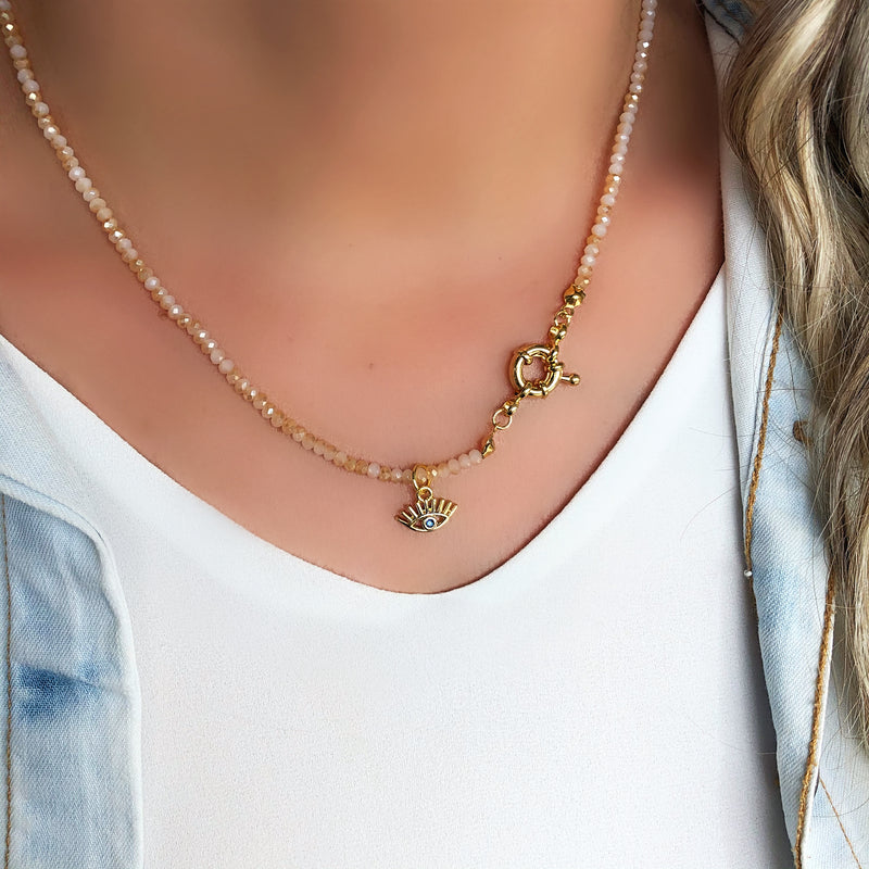 Colar Mini Olho Grego E Cristais Perolado 45cm