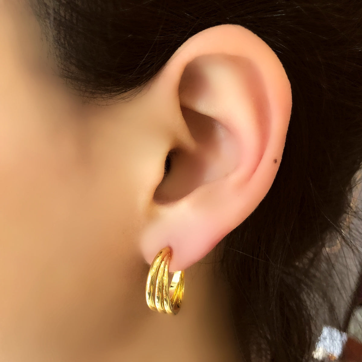 Brinco Argola Tripla P Banho Ouro 18k - Tiff Joias