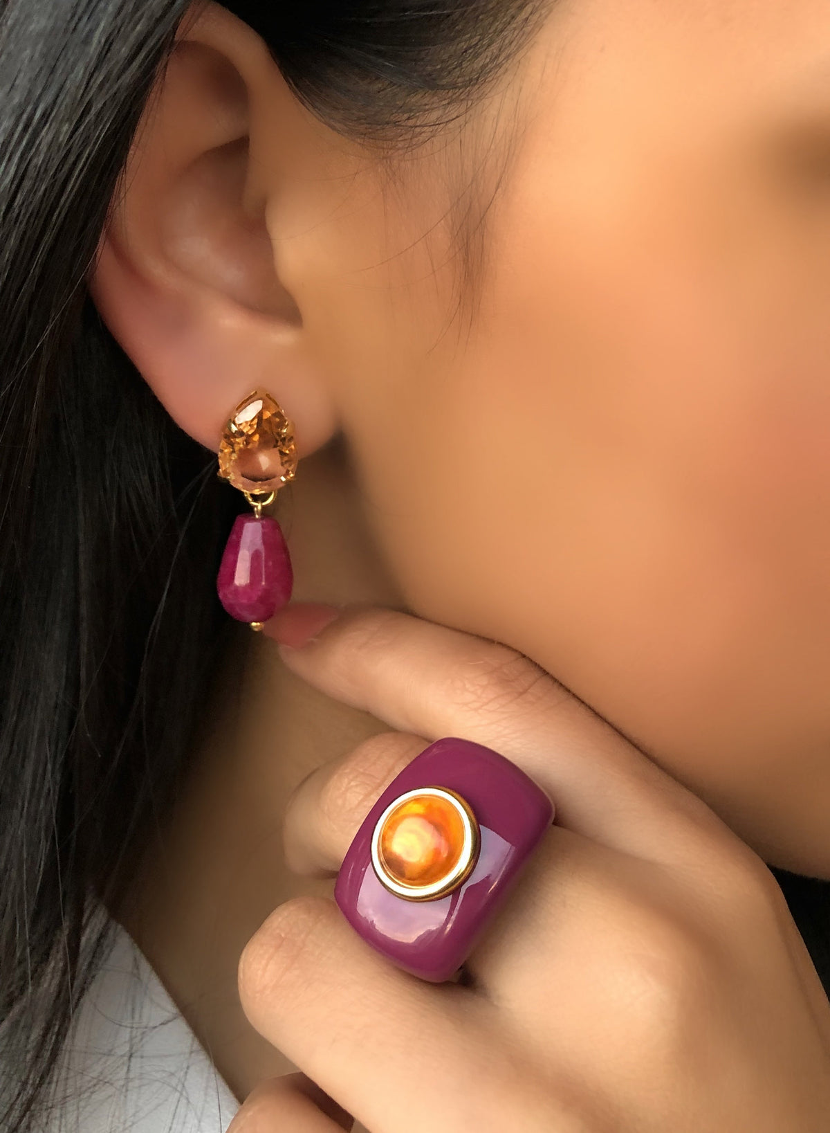 Brinco Gota Cristal Lapidado Cor Morganita E Pedra Natural Jade Rubi - Tiff Joias