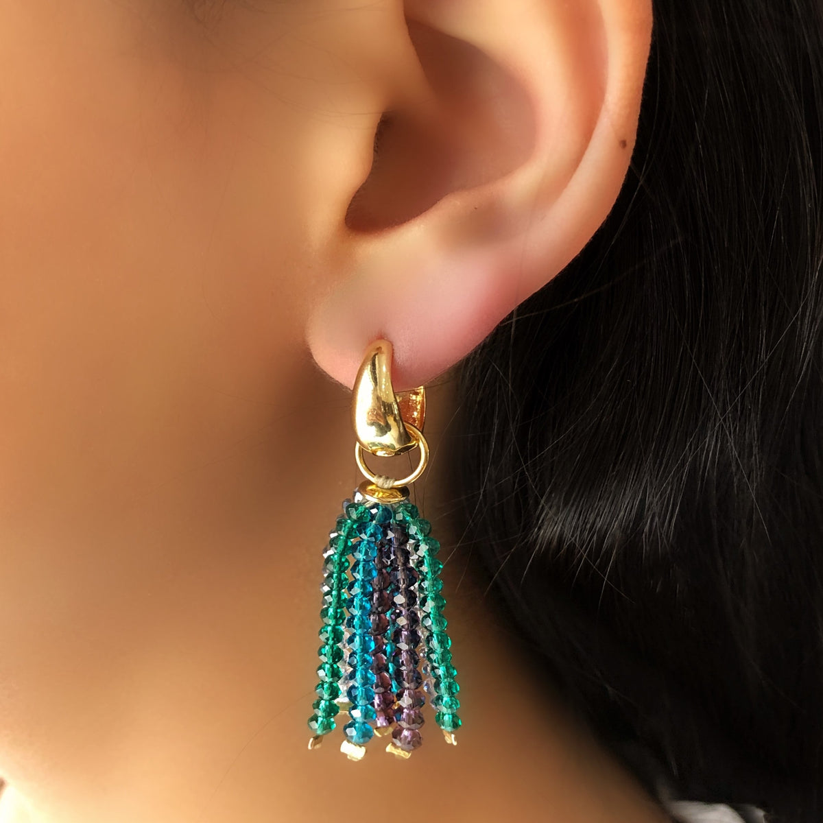 Brinco Tassel P Cristais Tons Verdes - Tiff Joias