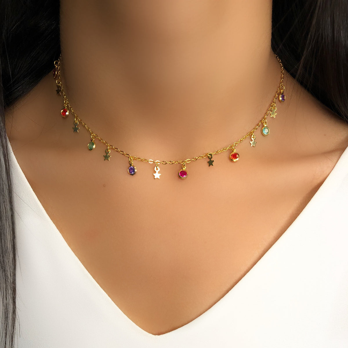 Colar Corrente Com Zircônias Coloridas E Mini Estrelas Penduradas 35cm - Tiff Joias