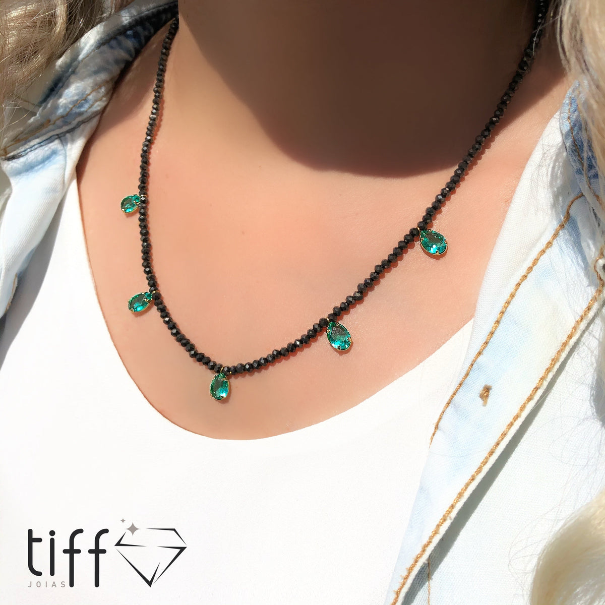 Colar Cristais Grafite Com Gotas Cristal Cor Turmalina Paraíba - Tiff Joias