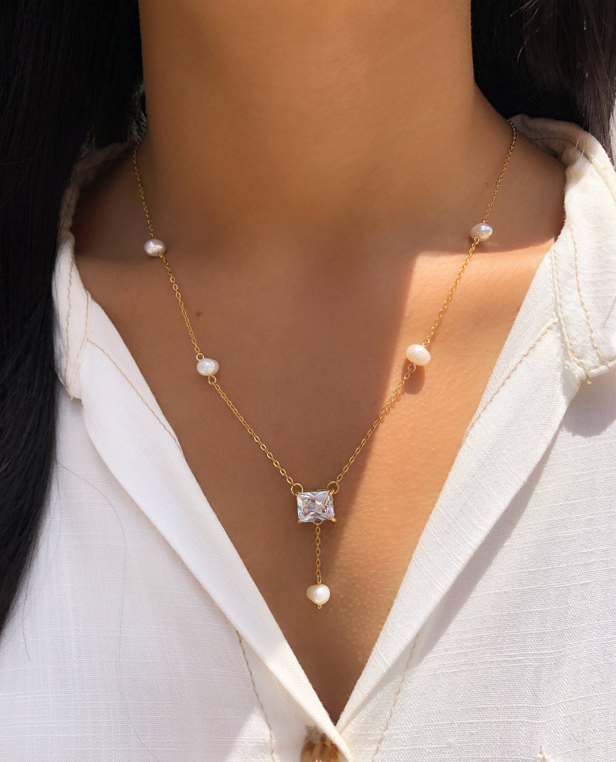 Colar Mara Corrente Com Pérolas Água Doce E Baguete Zircônia Branca 50cm - Tiff Joias