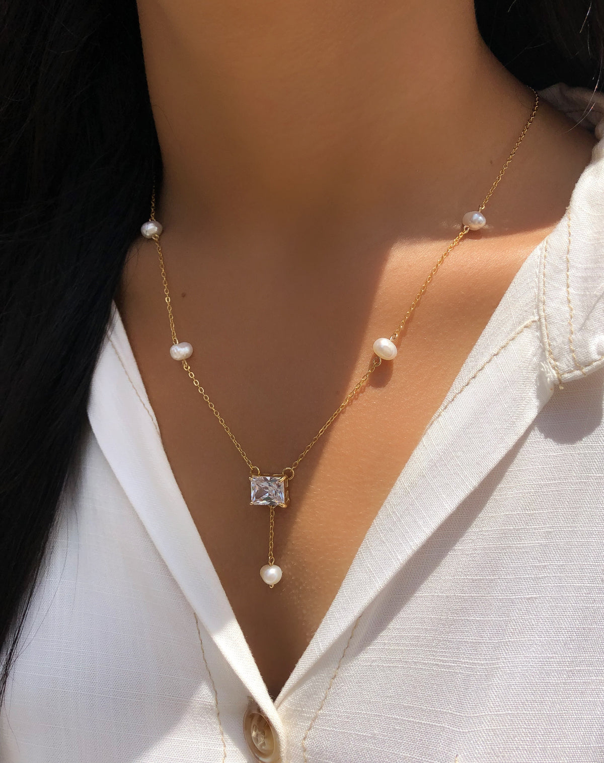 Colar Mara Corrente Com Pérolas Água Doce E Baguete Zircônia Branca 50cm - Tiff Joias