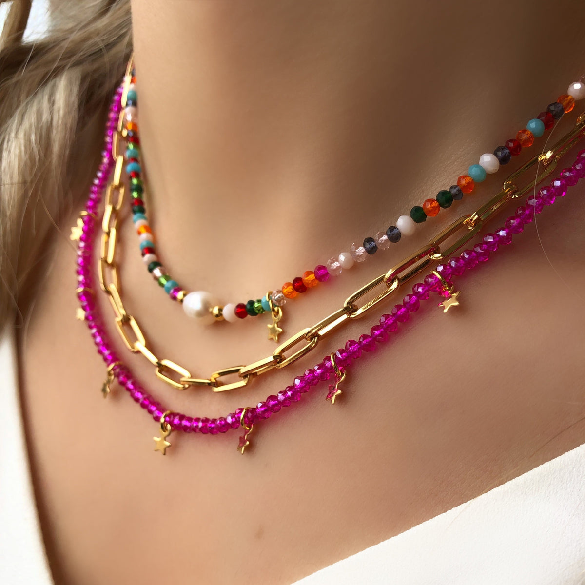 Mix de colares cristais coloridos com pérola e mini estrela - Tiff Joias