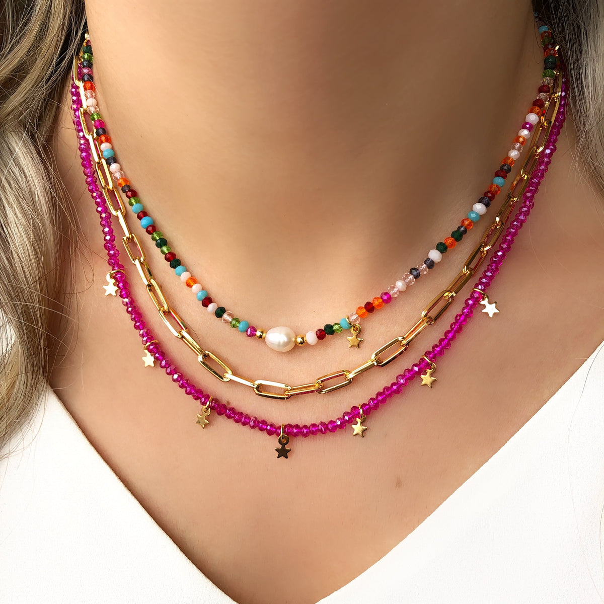 Mix de colares cristais coloridos com pérola e mini estrela - Tiff Joias