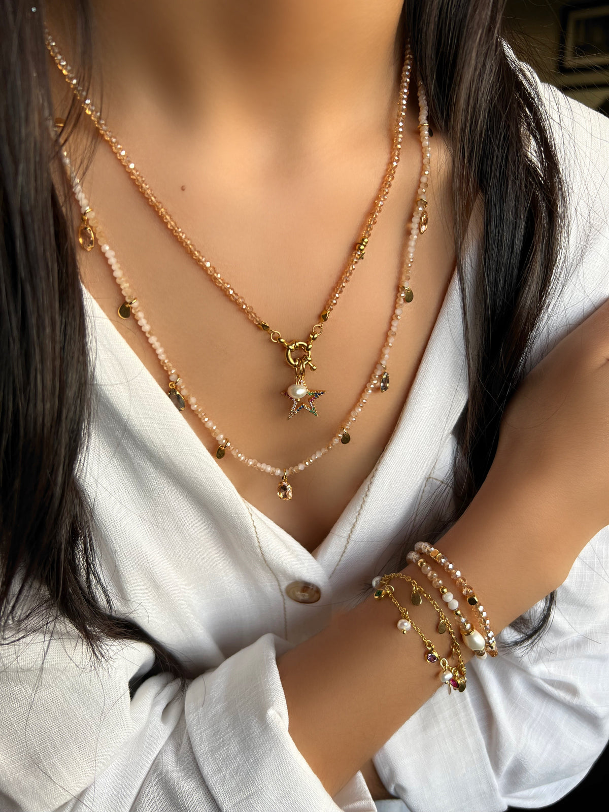 Mix de colares cristais dourado e estrela com micro zircônias - Tiff Joias