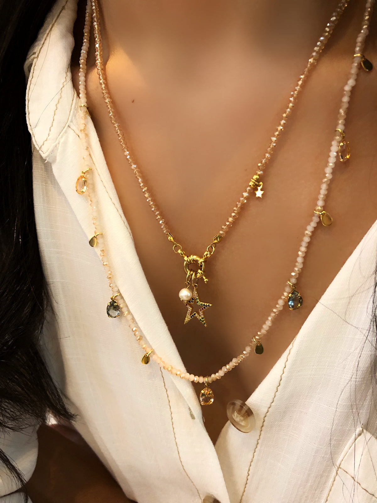 Mix de colares cristais dourado e estrela com micro zircônias - Tiff Joias