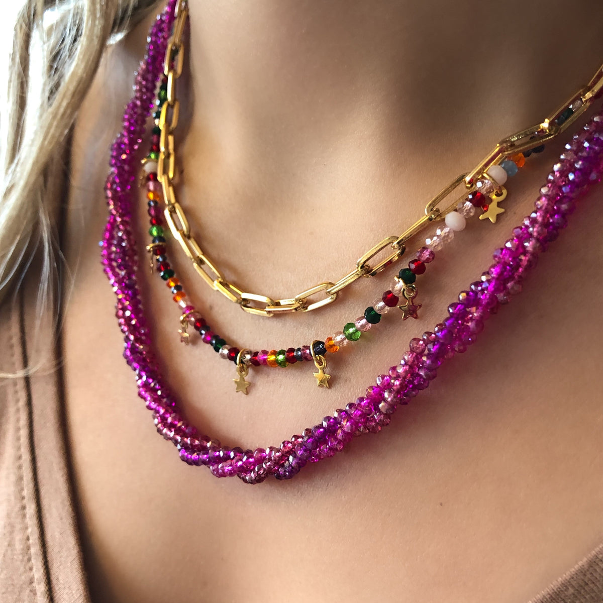 Mix de colares cristais tons pink - Tiff Joias