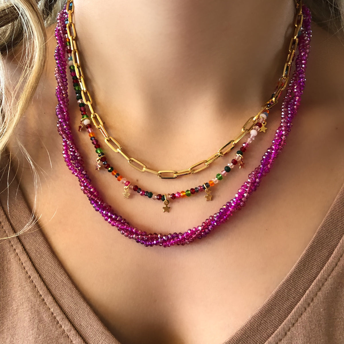 Mix de colares cristais tons pink - Tiff Joias