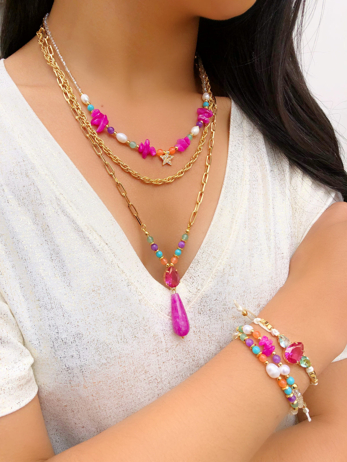 Mix De Colares Marcia Pedras Naturais E Cascalho Pink - Tiff Joias