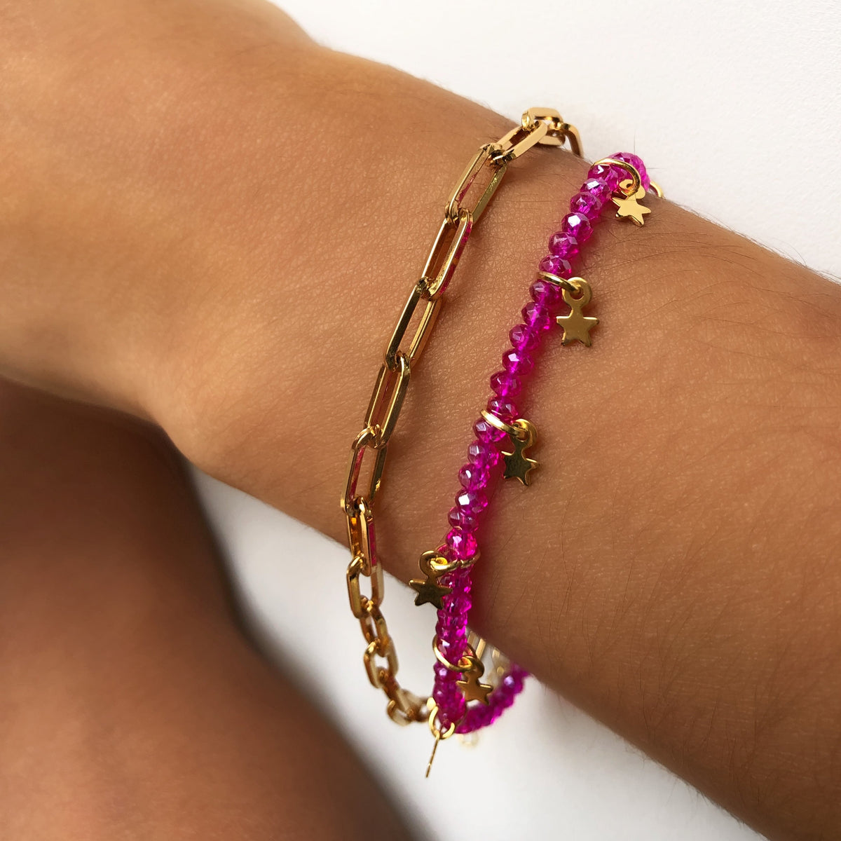 Mix de pulseiras cristais pink com mini estrelas - Tiff Joias