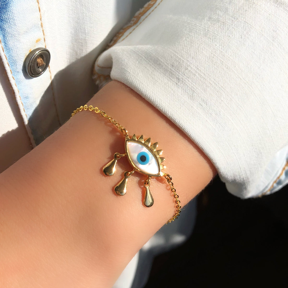 Pulseira Corrente Com Mini Gotas, Olho Grego Madrepérola Com Gotas Penduradas 16cm - Tiff Joias
