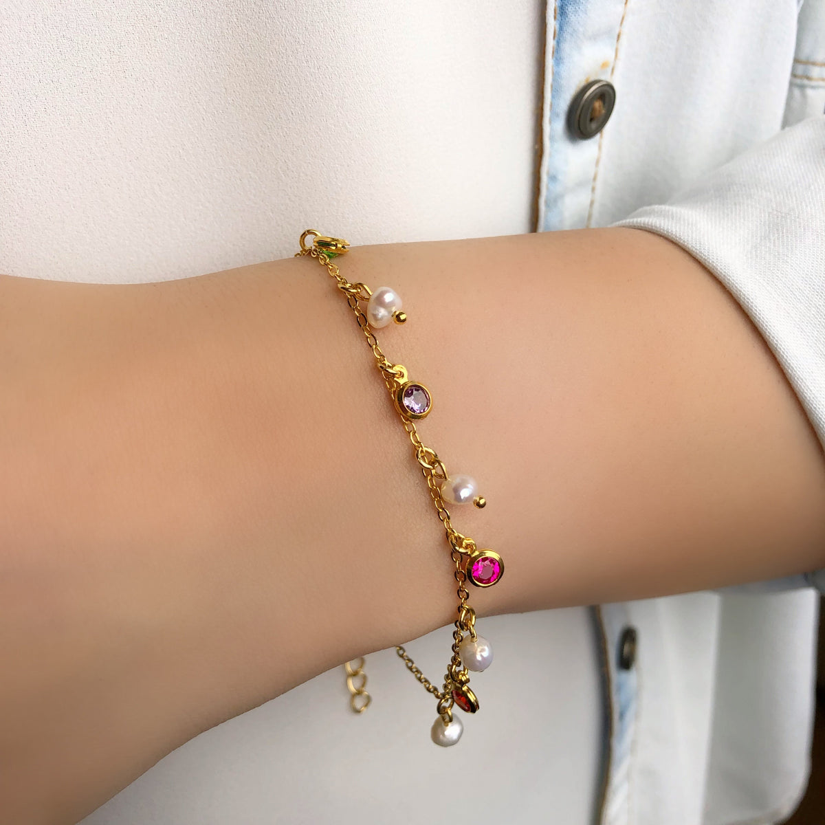 Pulseira Corrente Com Mini Zircônias Coloridas E Pérolas Naturais De Água doce 16cm - Tiff Joias