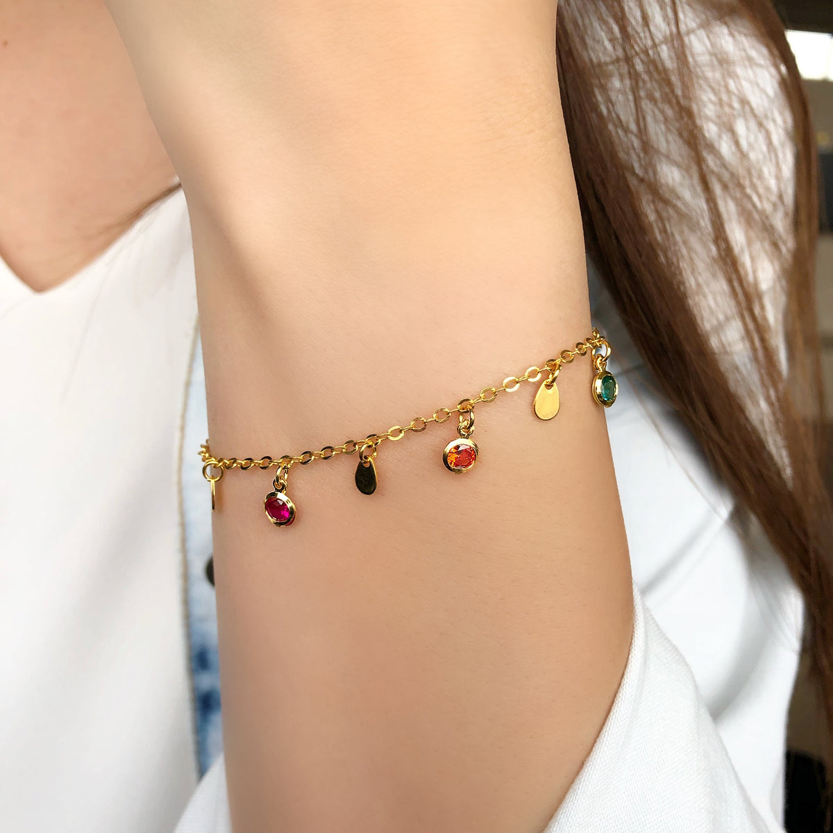 Pulseira Corrente Com Zircônias Coloridas E Mini Gotas - Tiff Joias