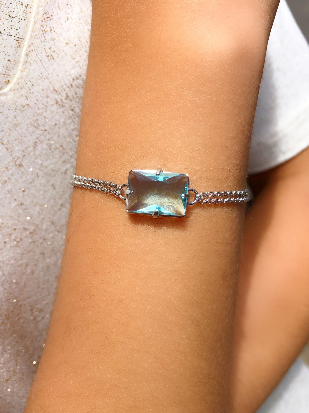 Pulseira Corrente Dupla Baguete Cristal Lapidado Cor Agua Marinha - Tiff Joias