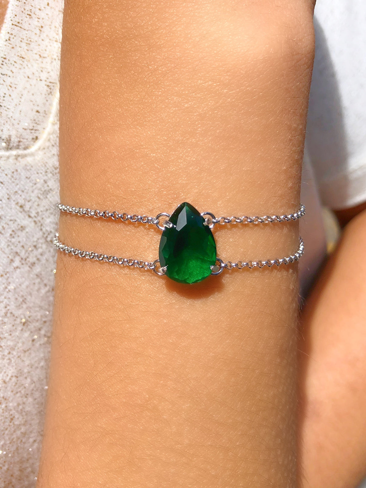 Pulseira Corrente Dupla Gota Cristal Lapidado Cor Esmeralda - Tiff Joias