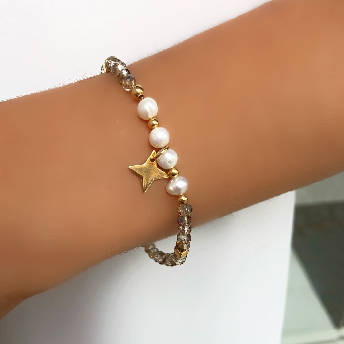Pulseira Cristais Avelã Com Pérola Água Doce E Estrela - Tiff Joias