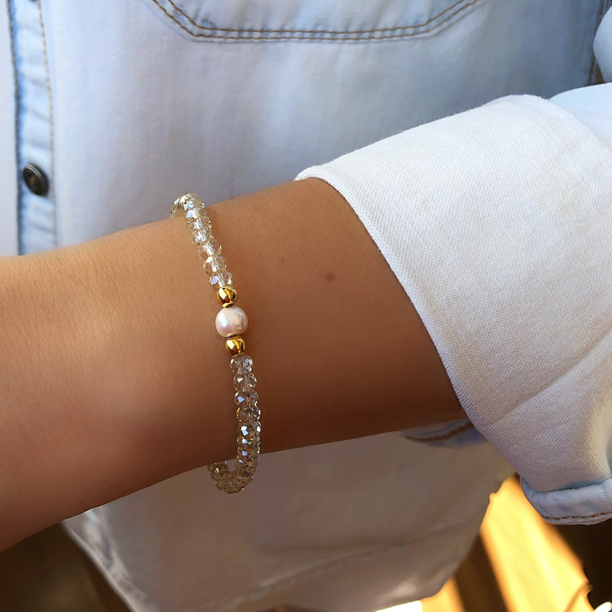 Pulseira Cristais Champagne Com Pérola Água Doce E Detalhes Em Bolinhas - Tiff Joias
