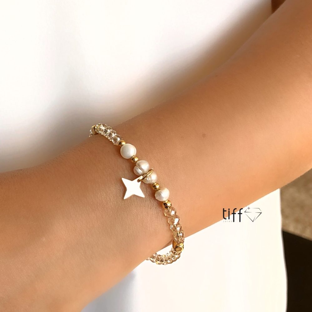 Pulseira Cristais Champagne Com Pérola Água Doce E Estrela - Tiff Joias