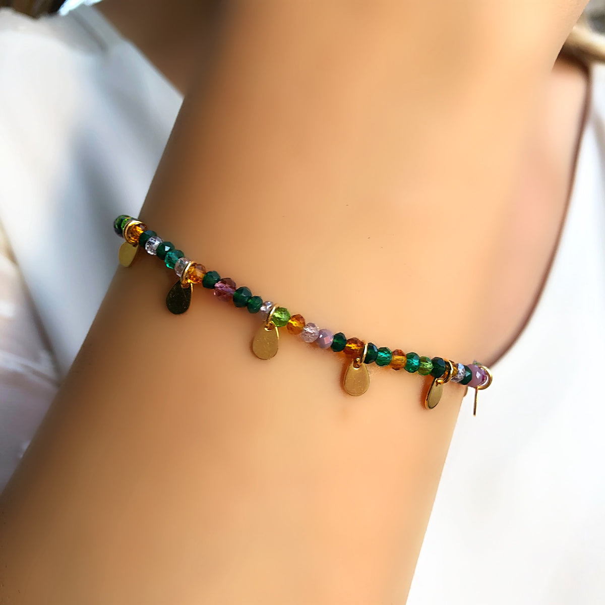 Pulseira Cristais Coloridos Mix Tons Roxo E Mini Gotas - Tiff Joias