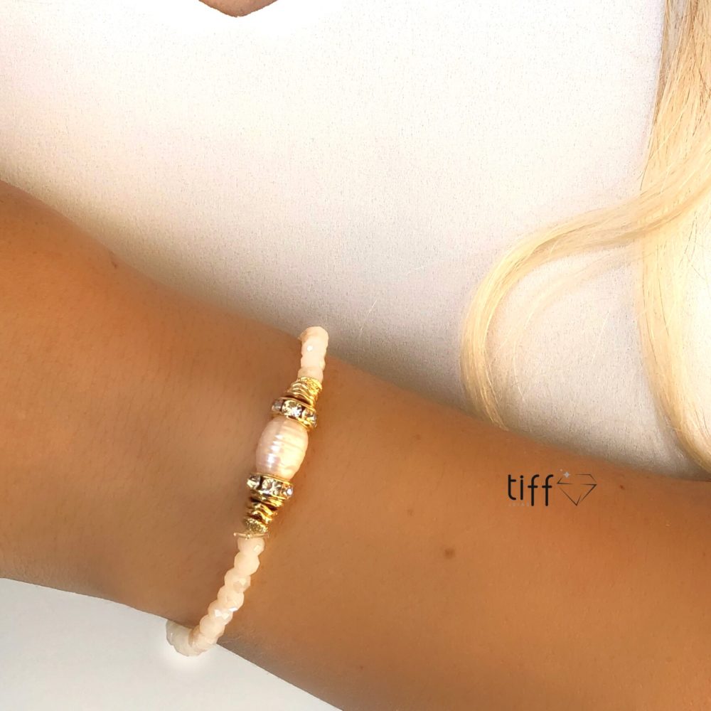 Pulseira Cristais Perolado Detalhe Em Pérola Natural E Rodelas Cravejadas - Tiff Joias