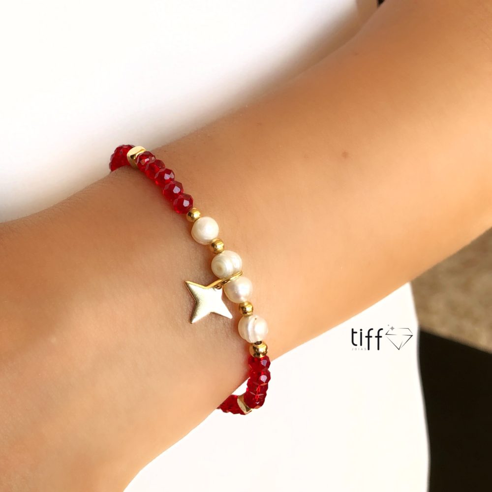 Pulseira Cristais Rubi Com Pérolas Água Doce E Estrela - Tiff Joias