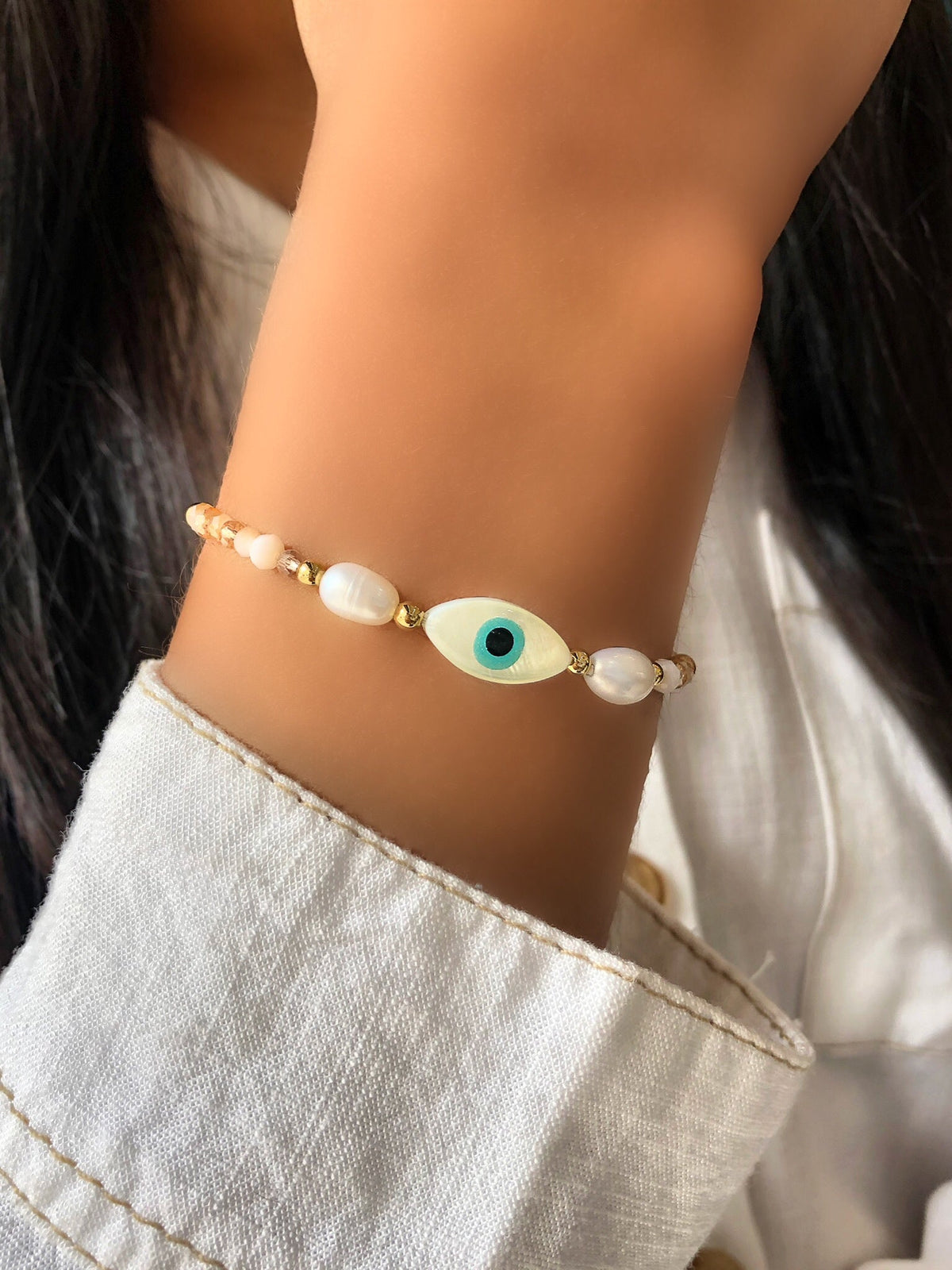 Pulseira Laura Perolado Com Olho Grego Madrepérola E Pérolas - Tiff Joias