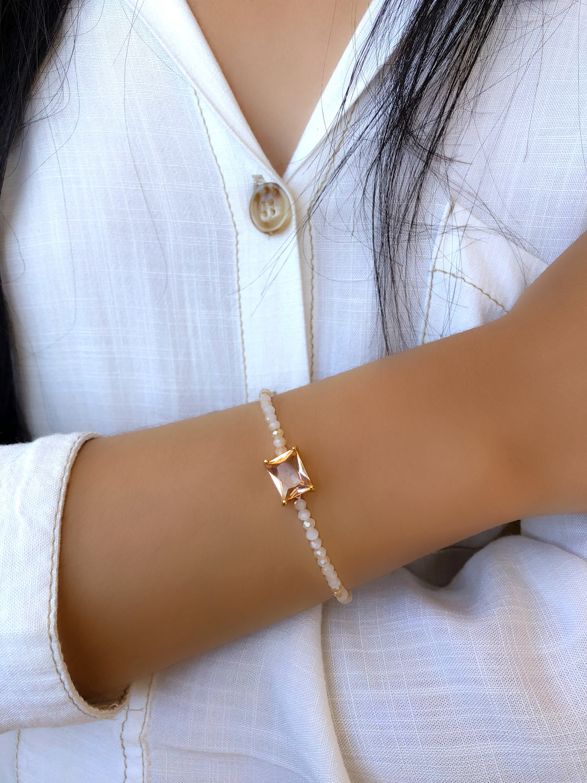 Pulseira Selena Perolado Com Baguete P Morganita 16cm - Tiff Joias