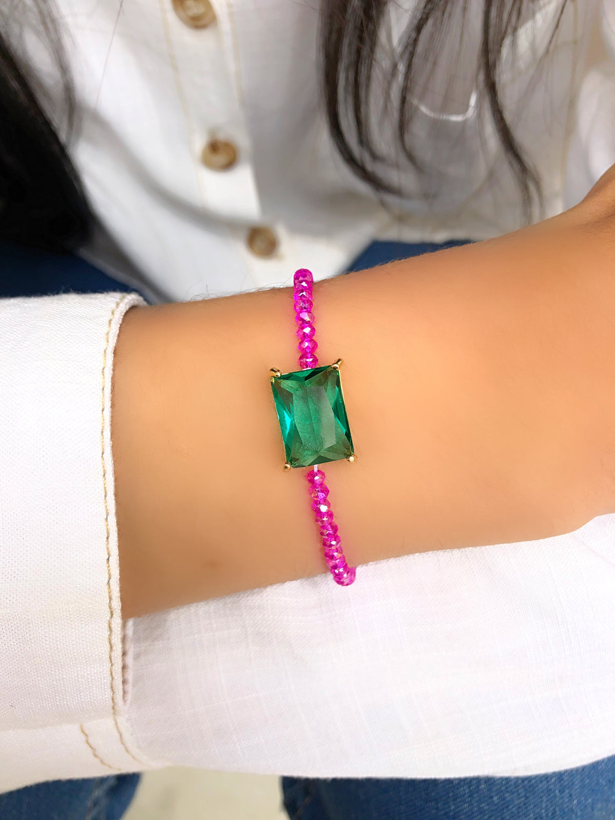 Pulseira Selena Pink Com Baguete G Turmalina Paraíba 16cm - Tiff Joias