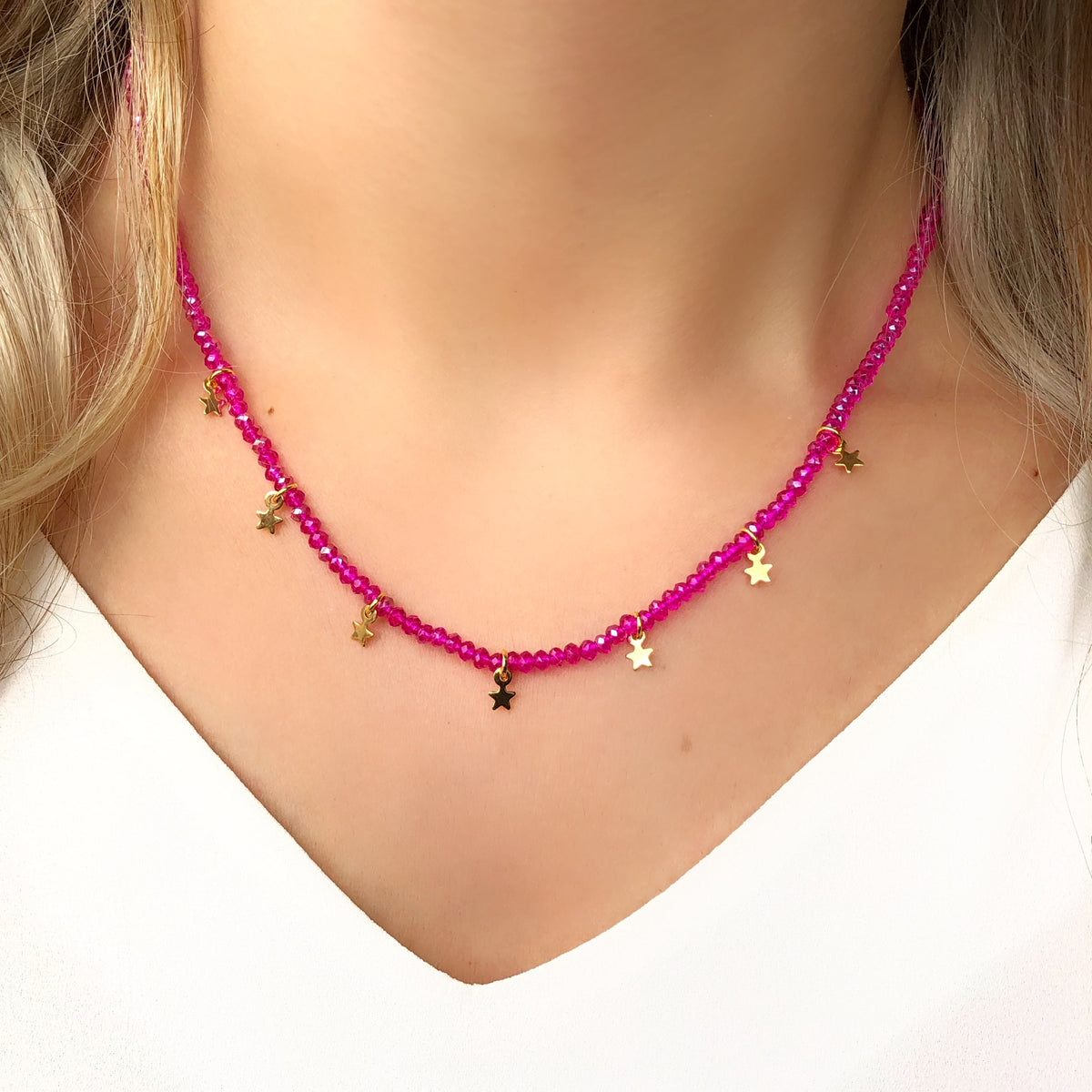 Última Peça!!! Colar Cristais Pink Com Mini Estrelas - Tiff Joias