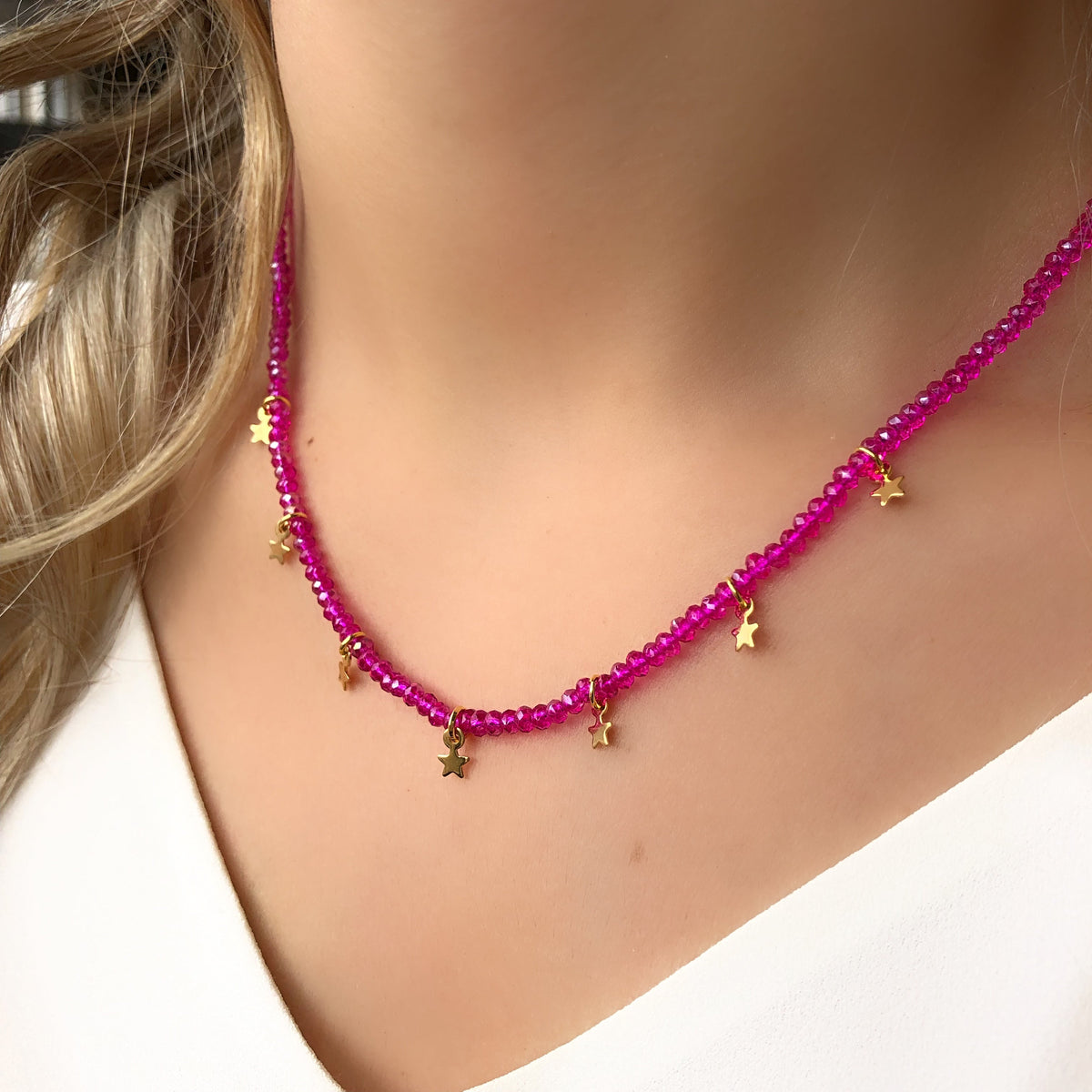 Última Peça!!! Colar Cristais Pink Com Mini Estrelas - Tiff Joias